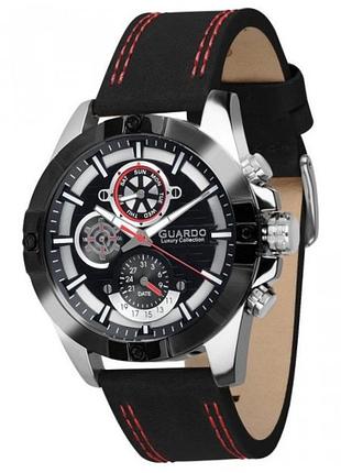 Чоловічий годинник guardo luxury collection s01630-1 чорний корпус чорний шкіряний ремінець чорно-білий циферблат з датою