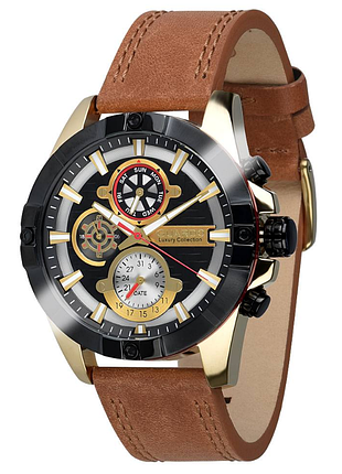 Чоловічий годинник guardo luxury collection s01630-4 золотистий корпус із чорним безелем світло-коричневий шкіряний ремінець
