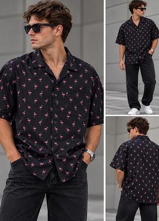 Чоловіча сорочка primark l чорна з рожевими фламінго 🦩