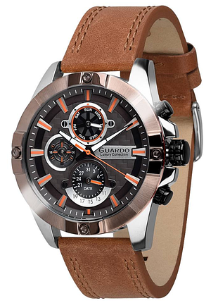 Мужские часы guardo luxury collection s01630-3 двухцветный корпус светло-коричневый кожаный ремешок коричневый циферблат с датой