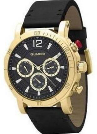 Чоловічий годинник guardo premium 11253-3 золотистий корпус чорний шкіряний ремінець чорний циферблат з датою