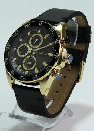 Чоловічий годинник guardo premium 11458-5 золотистий корпус із чорним безелем чорний шкіряний ремінець чорний циферблат з датою