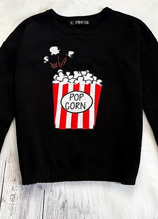Чорний жіночий светр з попкорном 10 fashion / тепла кофта свитшот джемпер принтом pop corn 2
