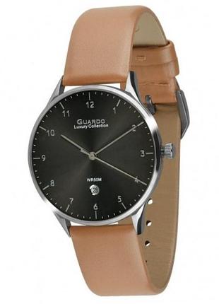 Мужские часы guardo luxury collection s02426-4 тёмный корпус бежевый кожаный ремешок водозащита 50 м чёрный циферблат