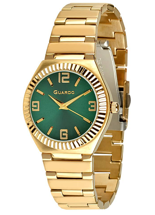 Жіночий годинник guardo premium 012753-3 золотистий корпус золотистий сталевий браслет смарагдовий циферблат