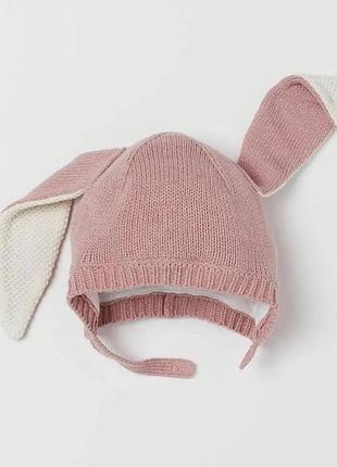 Шапочка шапка h&m 1-2 роки з вушками трикотажна вʼязана рожева