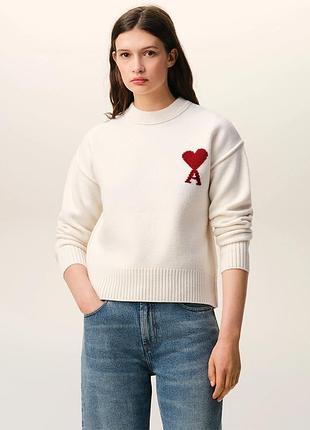 В’язаний жіночий светр ami paris adc crewneck sweater white / red made in portugal 🇵🇹