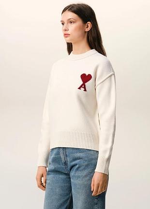 В’язаний жіночий светр ami paris adc crewneck sweater white / red made in portugal 🇵🇹