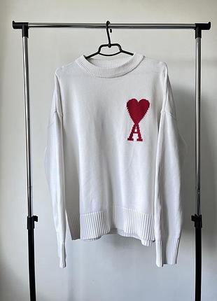 В’язаний жіночий светр ami paris adc crewneck sweater white / red made in portugal 🇵🇹