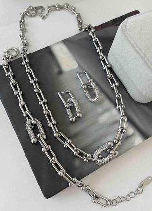 Комплект цепочка, браслет и серьги тиффани из медицинского золота stainless steel, позолоченный
