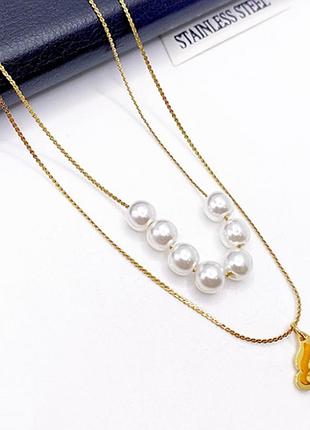 Ланцюжок з перлинами і метеликом з медичної сталі (stainless steel) лимонна позолота