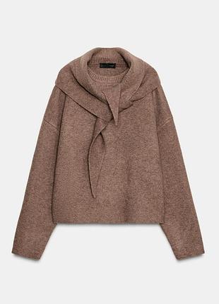 Zara теплей вʼязаний базовий оверсайз светр джемпер пуловер з шарфом з косинкою бежевий меланж коричневий жіночий р. s m