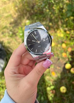 Tissot prx quartz — чоловічий годинник 40 мм, чорний циферблат, сапфірове скло, сталевий браслет