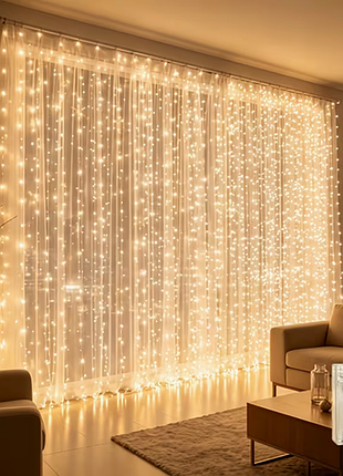 Светодиодная гирлянда-штора 2х2 м (200 led) на батарейках с пультом — теплый белый свет