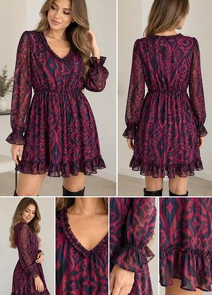 Плаття buffalo 💜 жіноче, розмір 34/xs, оригінал, чорне з рожево-бордовим принтом, легке та ефектне, довгі рукави, волани, на талії резинка.