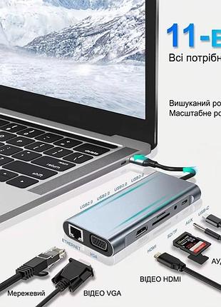 Док-станція 11 в 1 multiport usb c hub, адаптер з 4k hdtv, vga, pd зарядним usb-c портом, usb 3.0, rj45 ethernet портом, sd tf кар