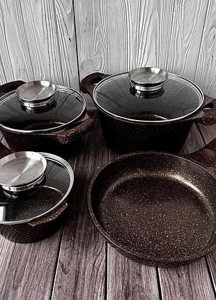 Набор кастрюль и сковорода с гранитным антипригарным покрытием higher kitchen hk-315 7 предметов кофе