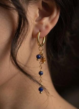 Серьги звездочки синие бусины stainless steel нержавеющая сталь