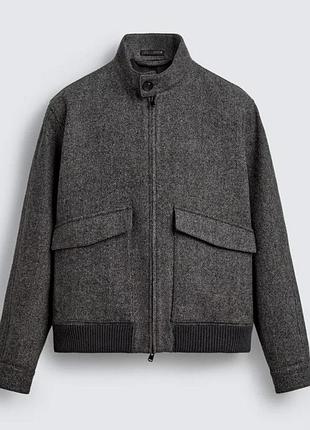 Вовняний унісекс бомбер zara contrast textured (куртка оверсайз шерсть сіра), розмір с