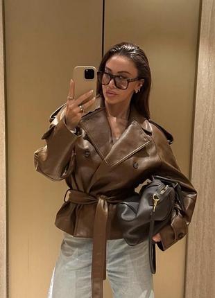 Жіноча куртка zara тренч шкіряний коричневий
