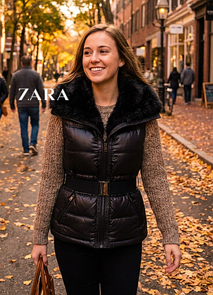 Жіночий чорний пуховий жилет zara зі штучним хутром на комірці