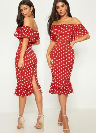 Розпродаж cукня prettylittlething міді з оборками горох