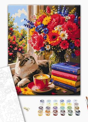 Картина за номерами "кіт біля квітучого букета" bs54668 40×50 см