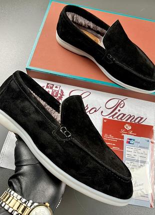 Зимние лоферы замшевые мужские loro piana black winter! натуральная замша + мех! лофери замшеві зимові чоловічі чорні loro piana! розміри 40-49!