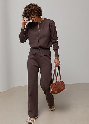 Вязаный костюм-двойка с кардиганом на пуговицах - коричневый цвет, one size (есть размеры)