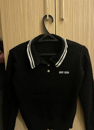 Жіночий лонгслів поло miu miu чорний в'язаний