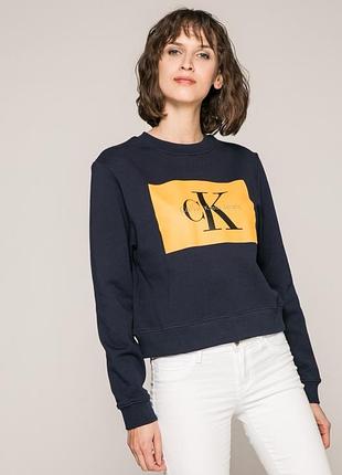 Жіночий світшот calvin klein темно-синій з жовтим лого на флісі