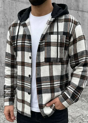 Рубашка мужская в клетку с капюшоном из байки 8 цветов m-l, l-xl, xl-xxl av4909-1063ве