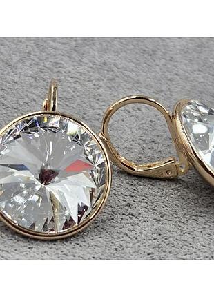 Сережки з білими кристалами swarovski, розмір 2 см медзолото, медичне золото, позолочені xuping