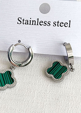 Серьги с зеленым клевером из медицинского золота stainless steel