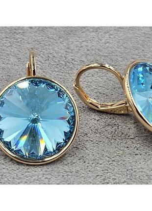 Сережки з блакитними кристалами swarovski, розмір 2 см медзолото, медичне золото, позолочені xuping