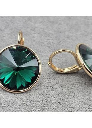 Сережки з зеленими кристалами swarovski, розмір 2 см медзолото, медичне золото, позолочені xuping