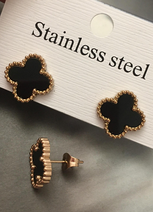 Серьги с черным клевером из медицинского золота stainless steel, xuping