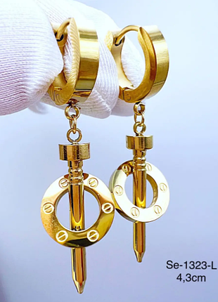 Сережки картьє цвях з медичного золота stainless steel, xuping позолочені