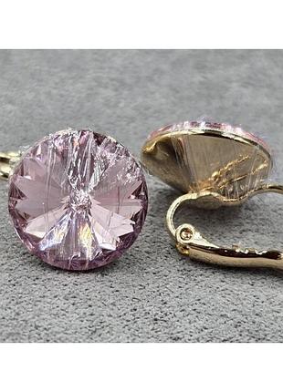 Сережки з рожевими кристалами swarovski, розмір 2 см медзолото, медичне золото, позолочені xuping