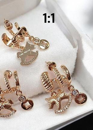 Серьги эрмес с фианитами stainless steel, белая позолота