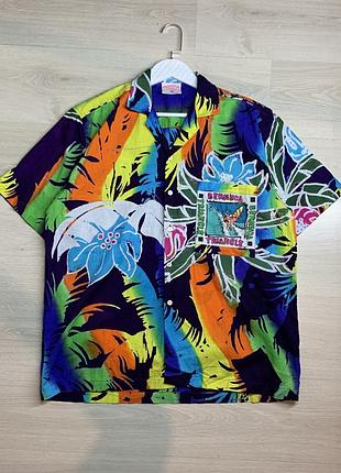 Чоловіча вінтажна гавайська сорочка bermuda triangle l / ua 50–52, 80–90-ті, vintage hawaii shirt, яскравий принт, ідеальний стан для віку