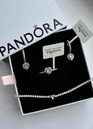 Набір прикрас pandora «рожеве сяюче серце» — сережки, каблучка та тенісний браслет, 925 проба