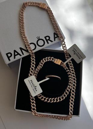 Набор украшений pandora «сияющее pavé» - браслет и тонкая кольца в позолоте, 925 проба 16, 17