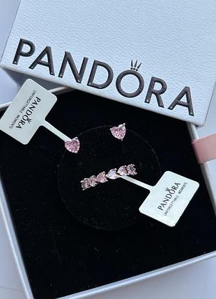 Набор украшений pandora «розовые сердца» - серьги-гвоздики и кольца, 925 проба