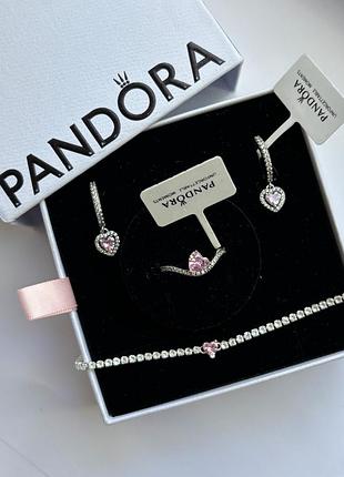 Набір прикрас pandora «рожеве сяюче серце» — сережки, каблучка та тенісний браслет, 925 проба