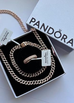 Набор украшений pandora «сияющее pavé»браслет, колье и кольца pavé, 925 проба позолота 17, 16