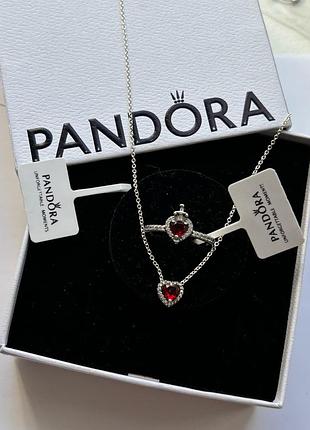 Набор украшений pandora - колье и кольца «зеленый сияющее сердце» 16