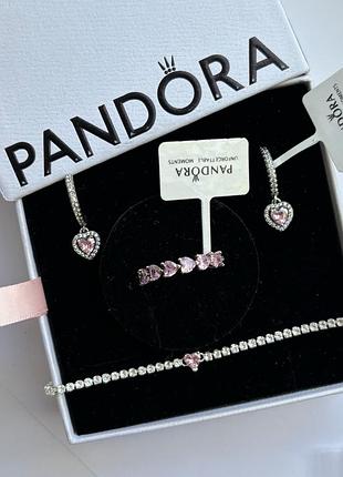 Набір прикрас pandora «рожеве сяюче серце» — сережки, каблучка та тенісний браслет, 925 проба