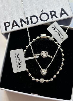 Набор украшений pandora - браслет с металлическими бусинами pavé, колье и кольца «белые сердца» 21, 19