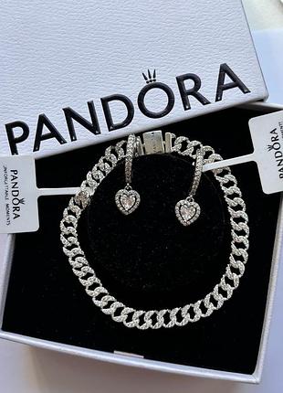 Набор украшений pandora с браслетом паве и серьгами белые сердечки с упаковкой 21